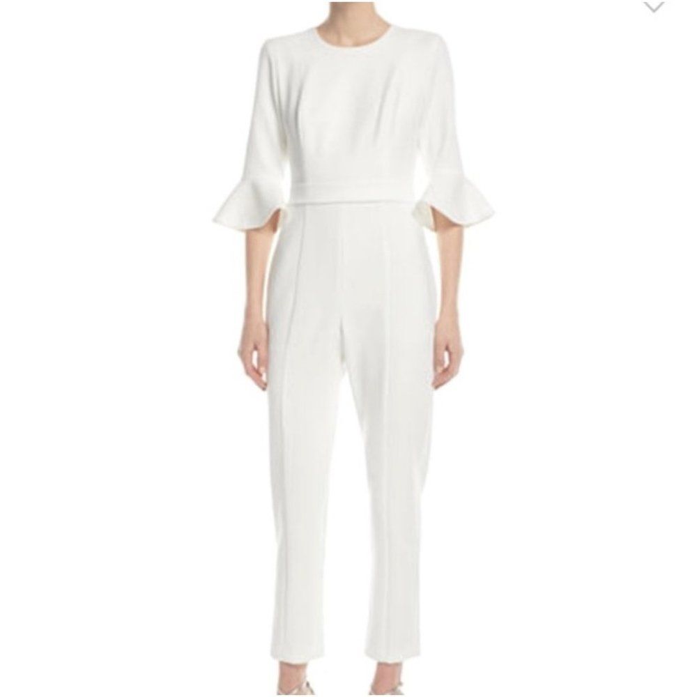 Black Halo Brooklyn Woman 3/4 Sleeve Ivory Crepe Jumpsuit Size 12